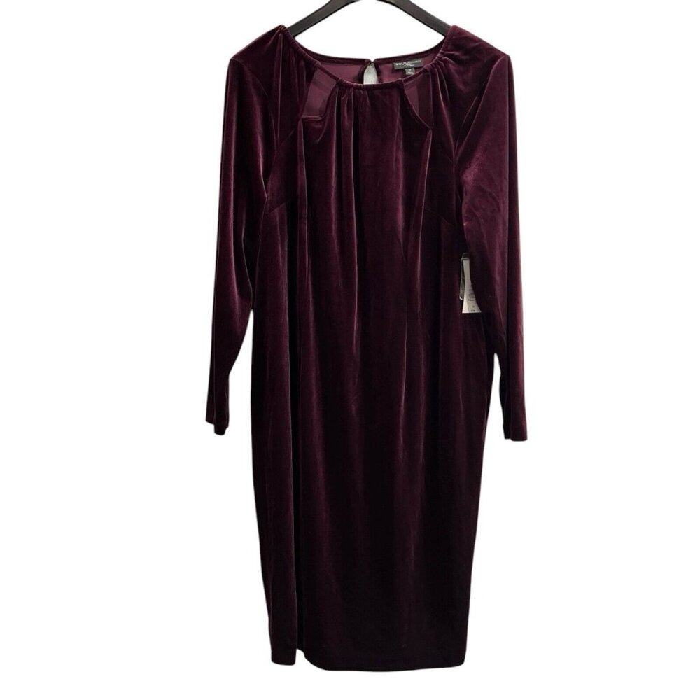 BOLD elements Women's Burgundy Velvet Cut To Curve Long Sleeve Midi Dress 1X